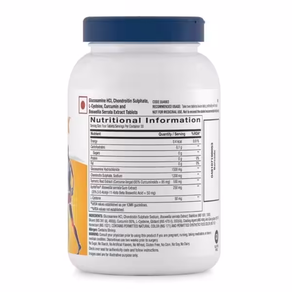Supplement facts for Glucosamine 1500mg, Chondroitin 1200mg, Turmeric 100mg, and Boswellia 250mg per serving