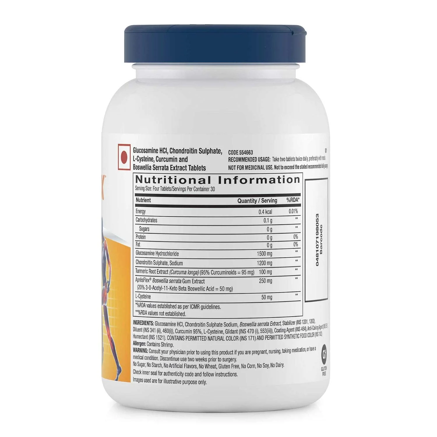 Supplement facts for Glucosamine 1500mg, Chondroitin 1200mg, Turmeric 100mg, and Boswellia 250mg per serving