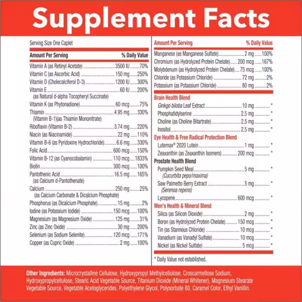 Supplement Facts label listing vitamins, minerals, and proprietary health blends for a one-caplet serving