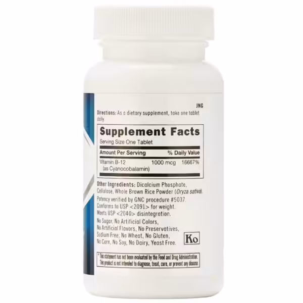 Supplement Facts for Vitamin B-12 1000 mcg: 1 tablet per serving, 16667% Daily Value. No sugar, gluten, or soy
