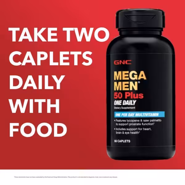 Take two caplets daily with food. GNC Mega Men 50 Plus One Daily Multivitamin, 60 caplets