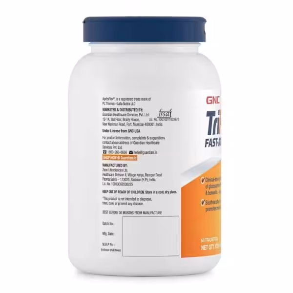 Back label of GNC TriFlex Fast-Acting bottle with manufacturing, distribution, and storage details