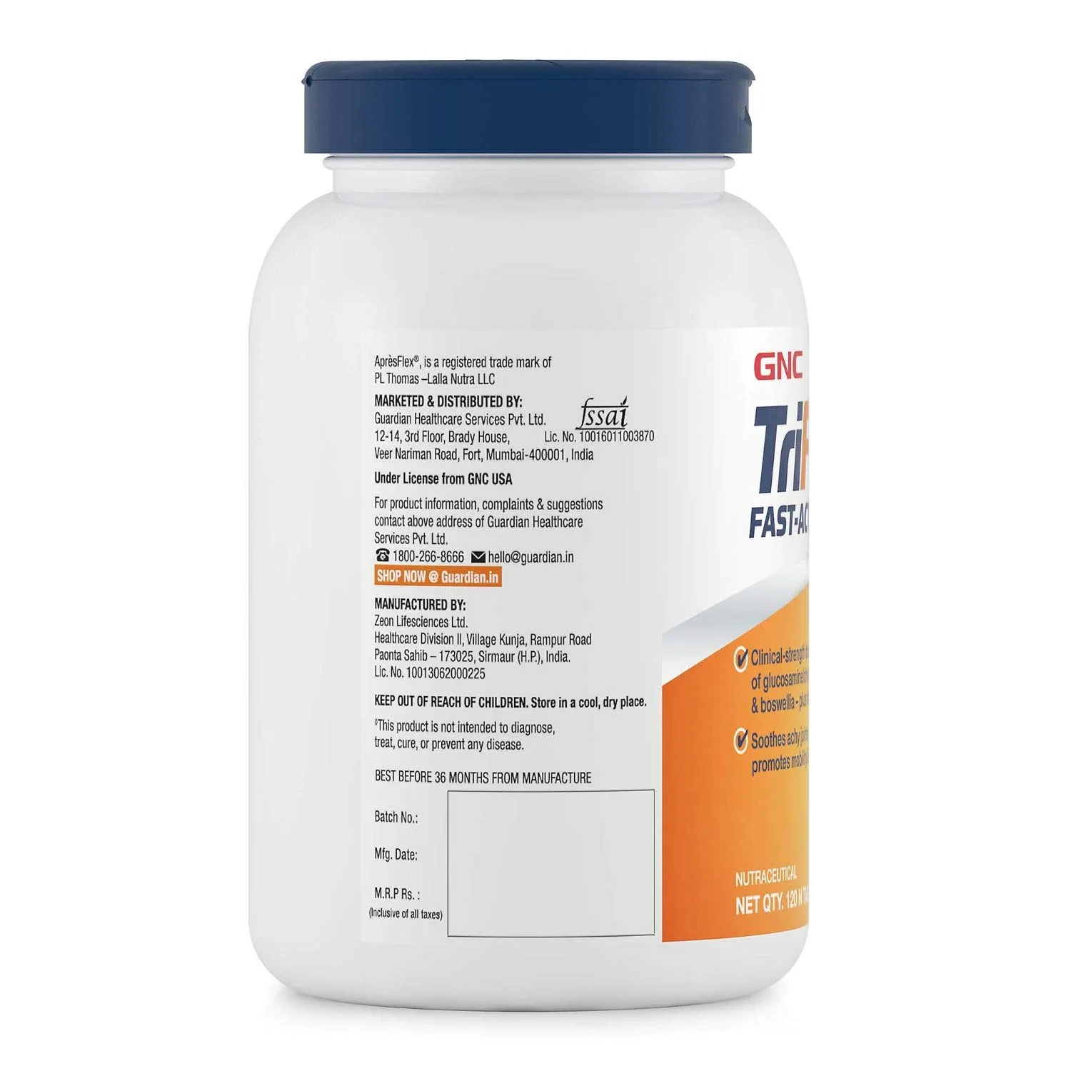 Back label of GNC TriFlex Fast-Acting bottle with manufacturing, distribution, and storage details
