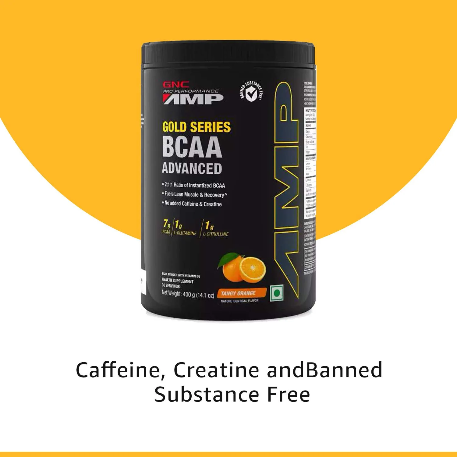 GNC AMP Gold Series BCAA Advanced, Tangy Orange. 7g BCAA, 1g L-Glutamine, 1g L-Citrulline. 30 servings