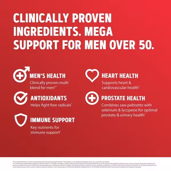 Clinically proven ingredients. Mega support for men over 50: mens health, heart, prostate, immune system, and antioxidants