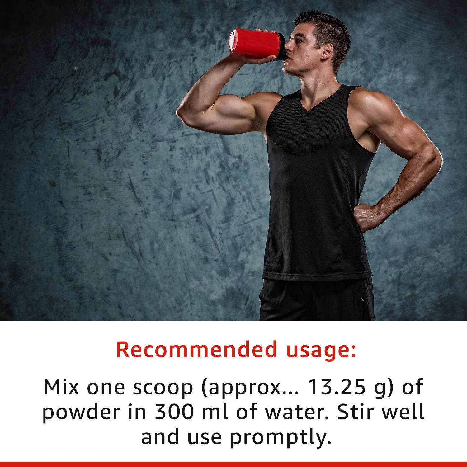 Muscular man drinking from a shaker. Recommended usage: Mix 1 scoop in 300ml water. Stir well and use promptly