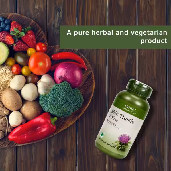 GNC Herbal Plus Milk Thistle 250mg, a pure herbal and vegetarian product, shown with fresh produce