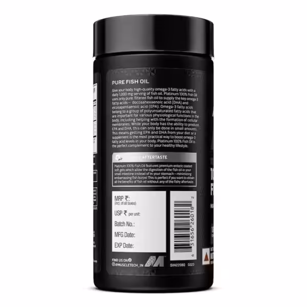 Back label of Pure Fish Oil bottle detailing omega-3 benefits and enteric coating to prevent fishy aftertaste