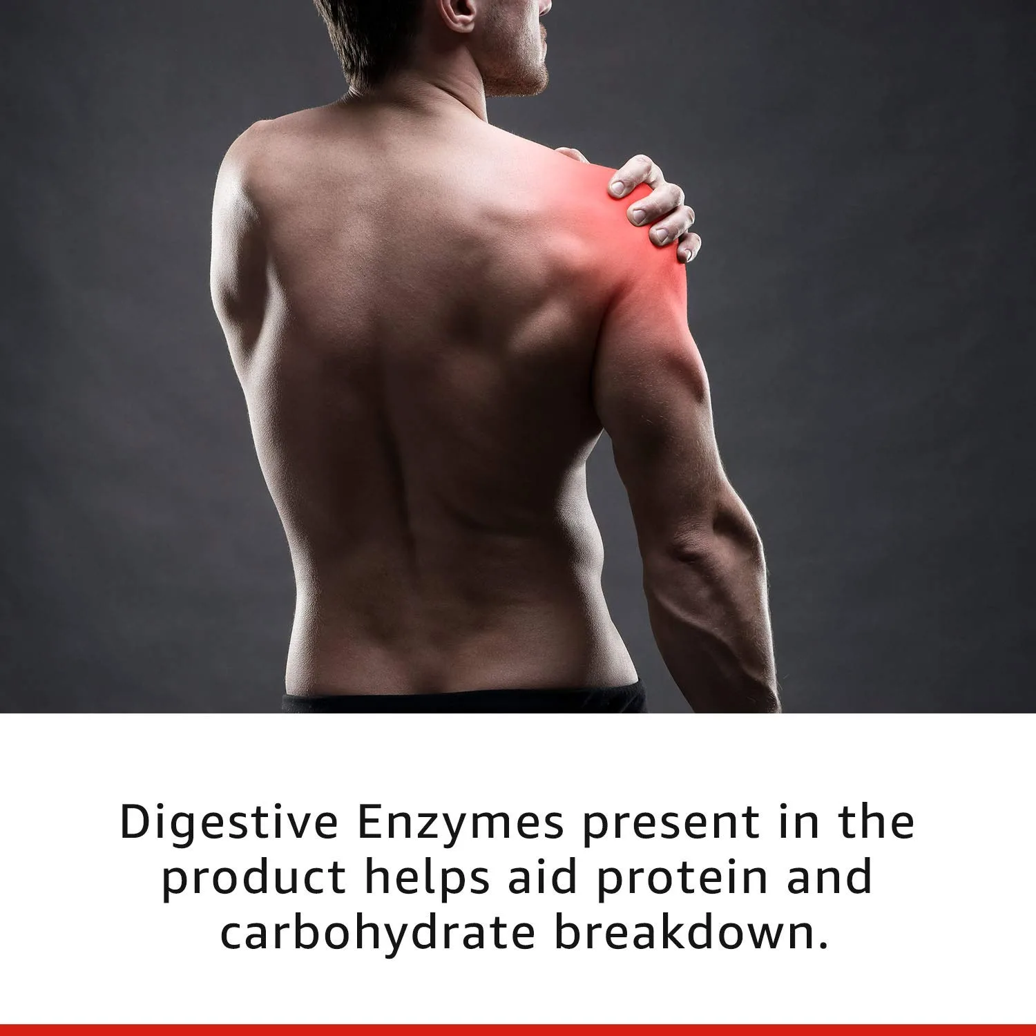 Man holding a sore shoulder. Digestive Enzymes present in the product helps aid protein and carbohydrate breakdown