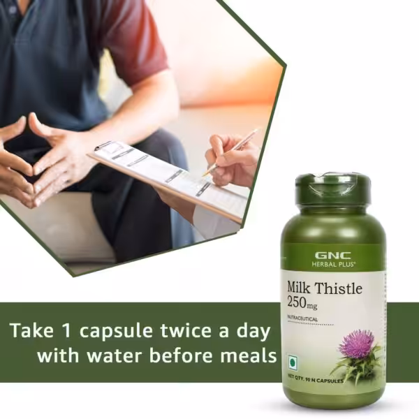 GNC Herbal Plus Milk Thistle 250mg. Take 1 capsule twice a day with water before meals