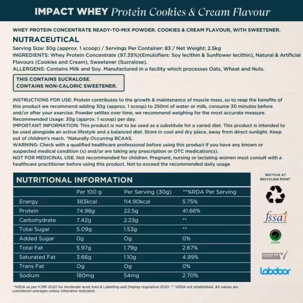 Impact Whey Protein Cookies & Cream Flavour label with ingredients, usage instructions, and nutritional information