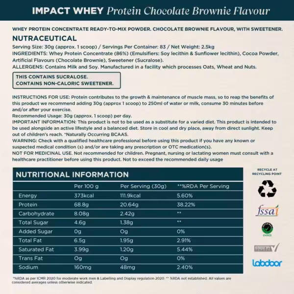 Impact Whey Protein Chocolate Brownie Flavour label with ingredients, usage instructions, and nutritional information table