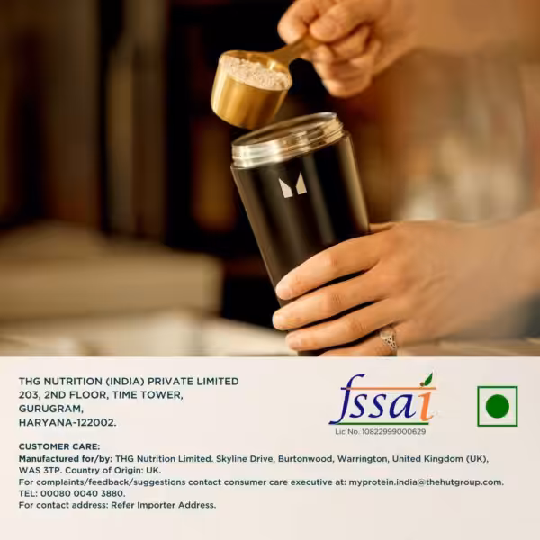 Person scooping powder into a shaker. Text lists THG Nutrition India contact info, FSSAI license, and vegetarian symbol