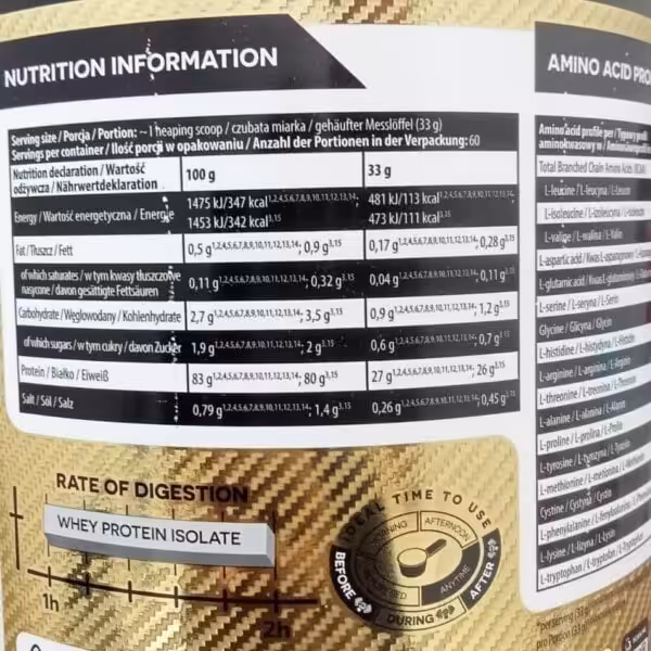 Nutrition facts for whey protein isolate: 27g protein and 113 kcal per 33g serving, amino acid profile, and usage guide