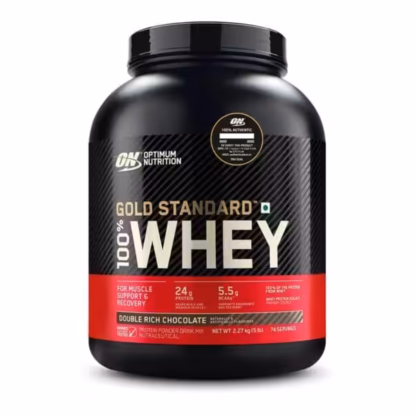 Optimum Nutrition Gold Standard 100% Whey, Double Rich Chocolate, 5 lb, 24g protein, 5.5g BCAAs, 74 servings