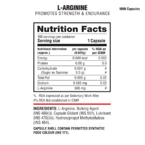 image of nutrition facts of Labrada L-ARGININE 500mg supplement