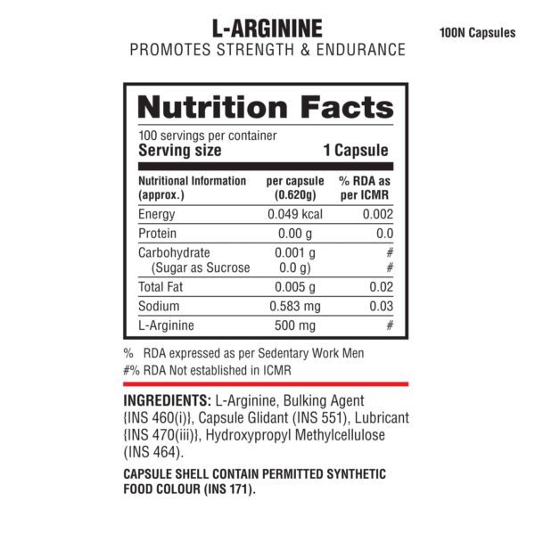 image of nutrition facts of Labrada L-ARGININE 500mg supplement