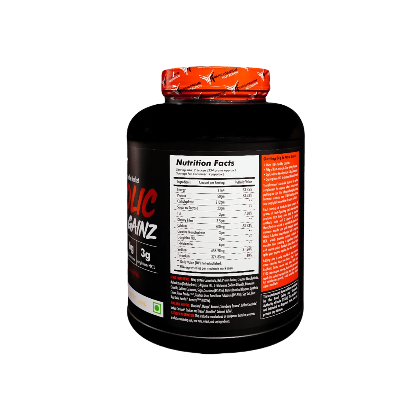 image of nutrition facts of transformium nutrition anabolic gainz 3kg suppplement
