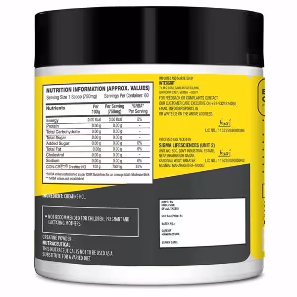 Back label of creatine HCl powder showing nutrition facts, 60 servings of 750mg, ingredient list, and manufacturer details