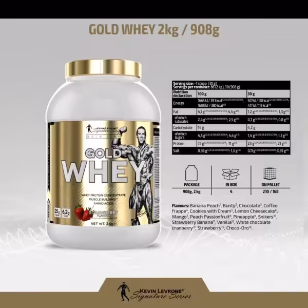 Gold Whey protein powder infographic showing nutrition facts, packaging details, and available flavors