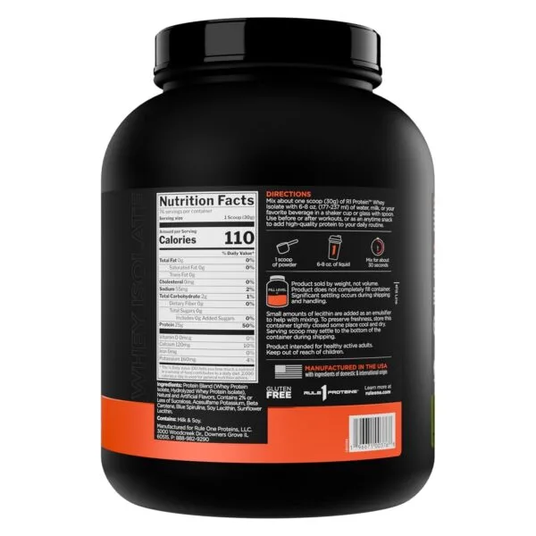 Back of Rule 1 Proteins Whey Isolate container showing Nutrition Facts: 110 calories, 25g protein per scoop, with directions and ingredients