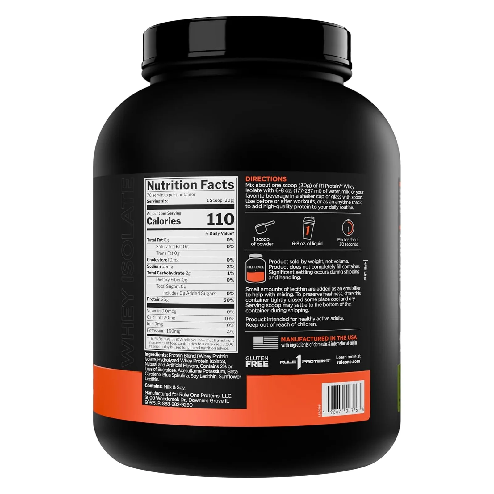 Back of Rule 1 Proteins Whey Isolate container showing Nutrition Facts: 110 calories, 25g protein per scoop, with directions and ingredients
