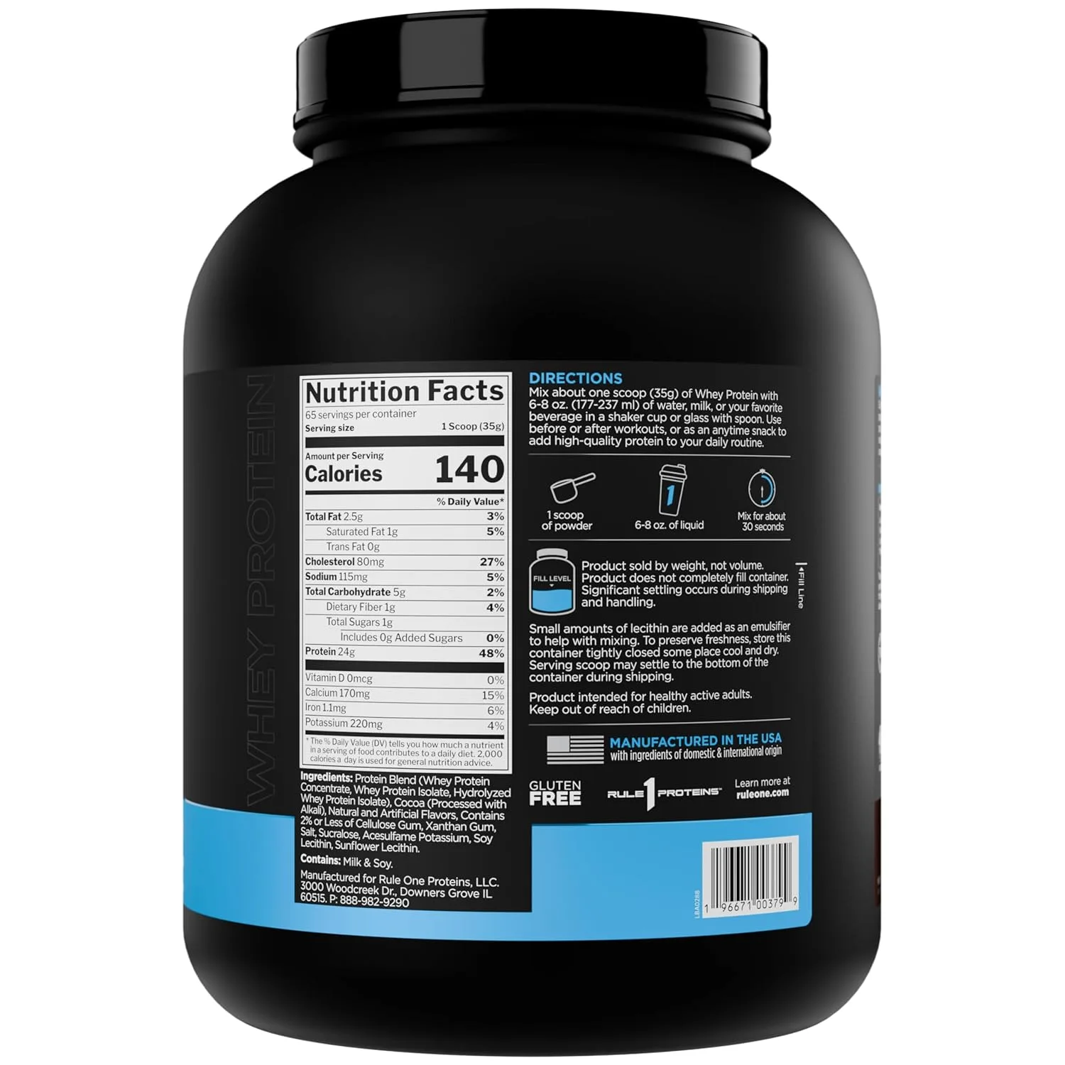 A black container of whey protein powder with a prominent label displaying nutrition facts, directions, and ingredients is visible against a white background.