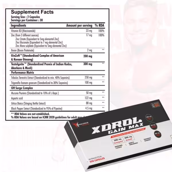 Xdrol Gain Max supplement facts panel showing ingredients per 2-capsule serving, including Vitamin B3, Zinc, GinZeN, TestoIgnite, and Performance Matrix blend, alongside the product box