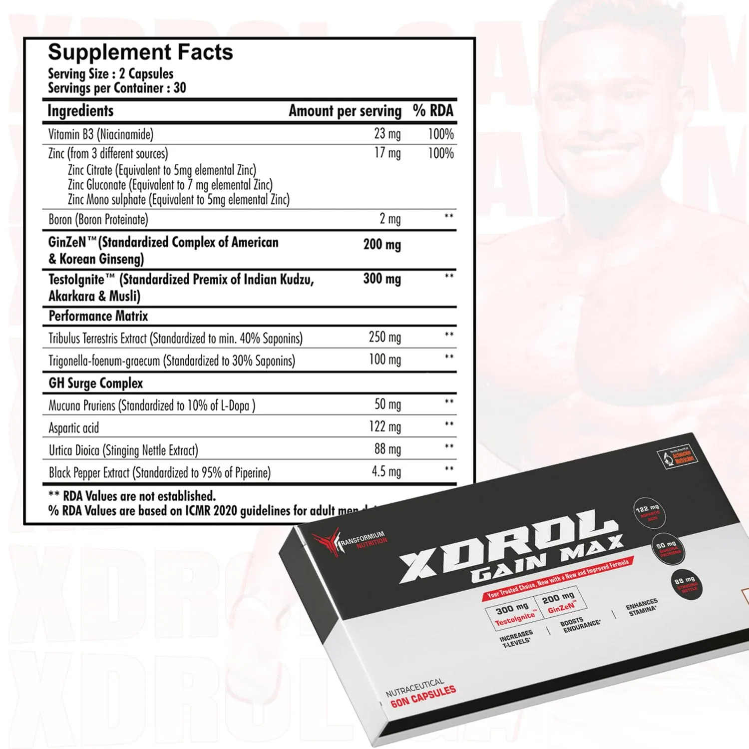 Xdrol Gain Max supplement facts panel showing ingredients per 2-capsule serving, including Vitamin B3, Zinc, GinZeN, TestoIgnite, and Performance Matrix blend, alongside the product box