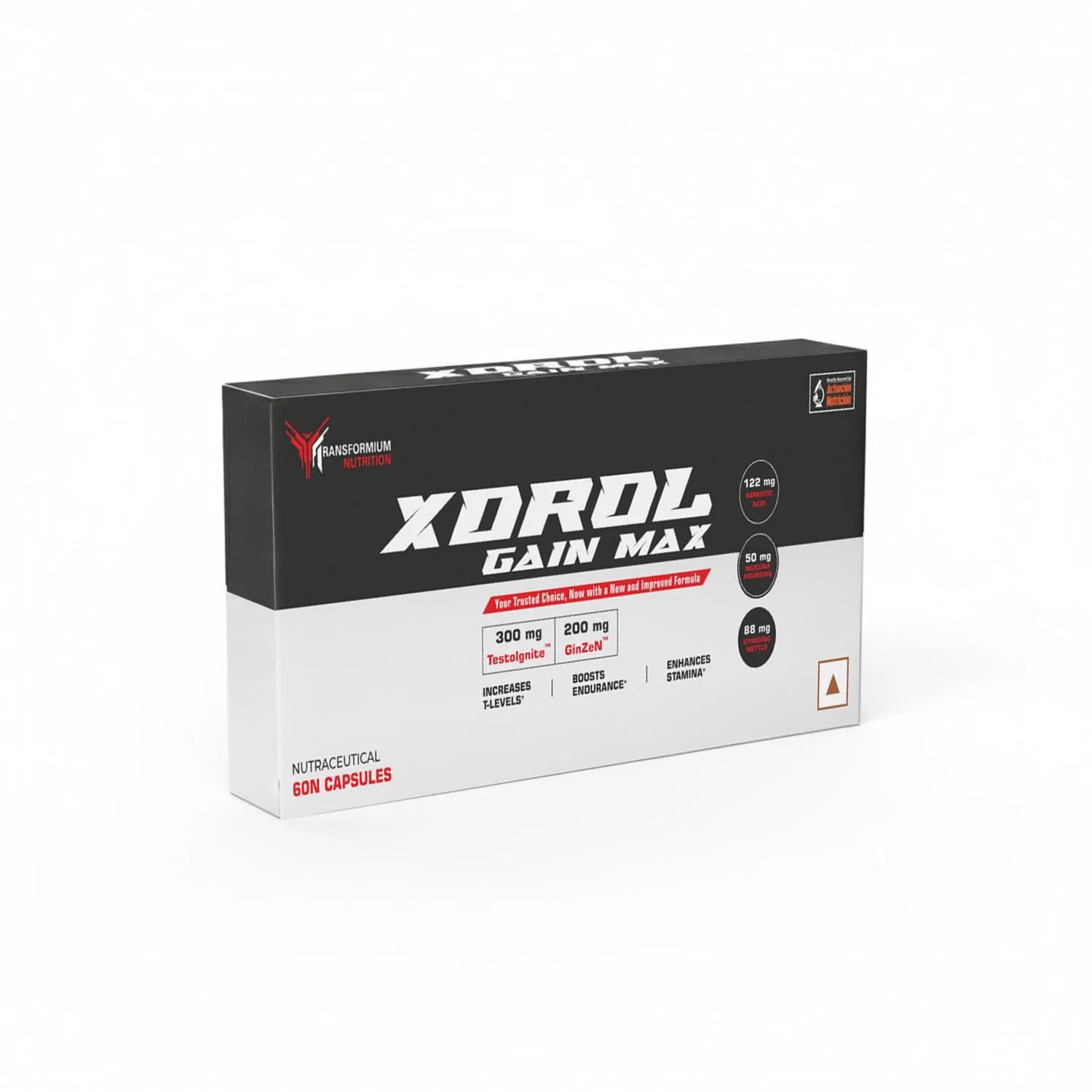 Transformium Nutrition Xdrol Gain Max nutraceutical capsules box, 60 capsules, with TestoIgnite and GinZeN formula