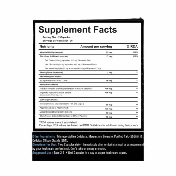 image of nutrition facts of Transformium Nutrition X-Drol supplement