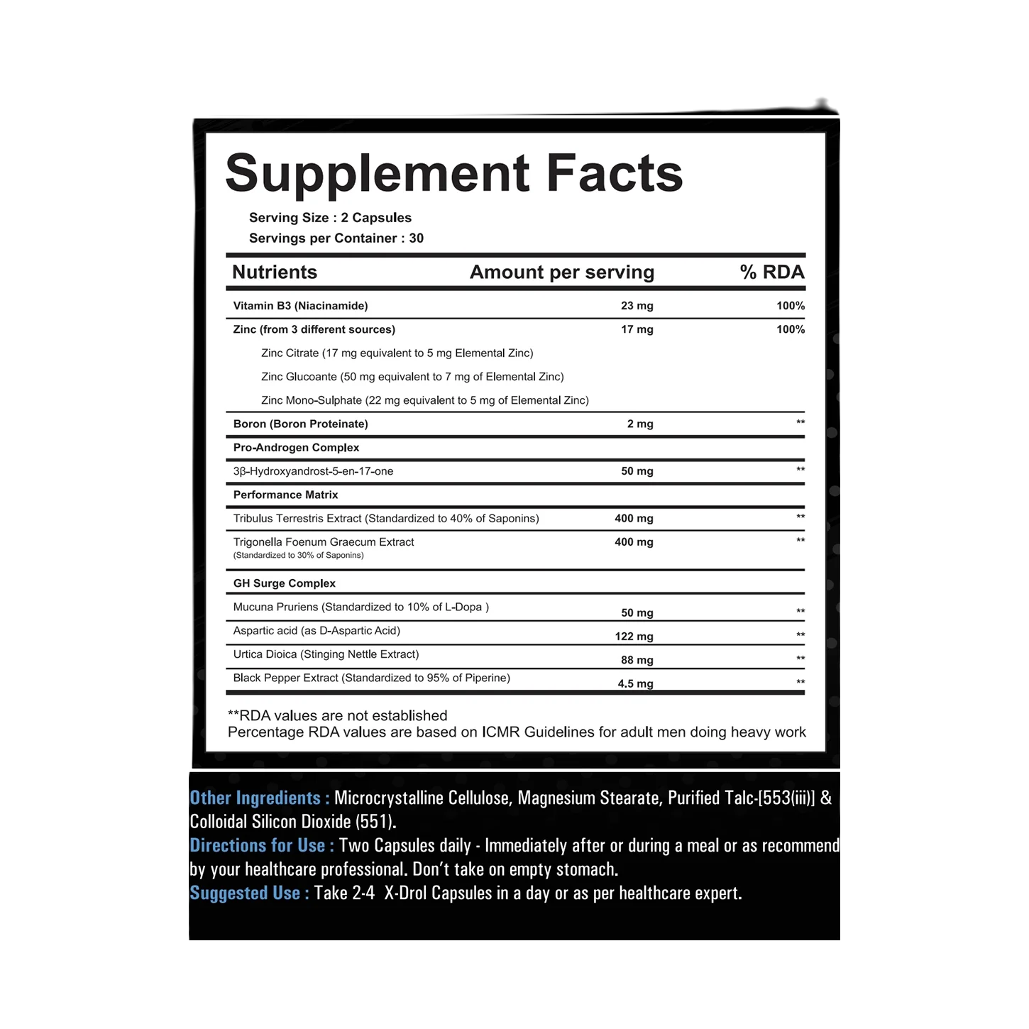image of nutrition facts of Transformium Nutrition X-Drol supplement