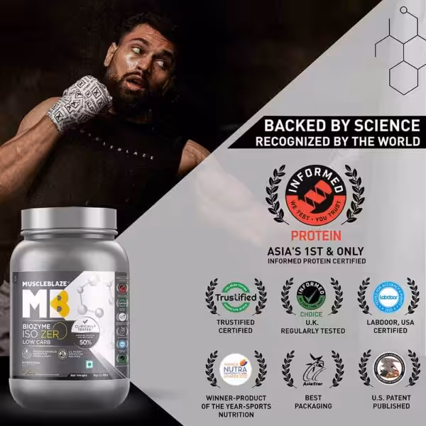 MuscleBlaze Biozyme ISO Zero protein powder with Informed Protein, Trustified, Labdoor, and other certifications