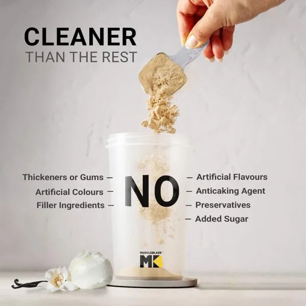 MuscleBlaze protein powder: Cleaner Than The Rest — NO thickeners, gums, artificial colours, fillers, flavours, anticaking agents, preservatives, or added sugar
