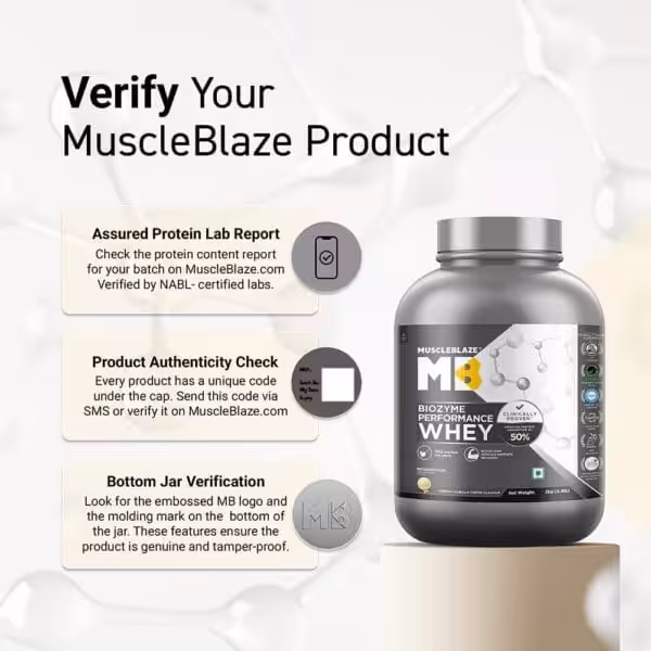 MuscleBlaze Biozyme Performance Whey product authenticity guide showing three verification methods: Assured Protein Lab Report, Product Authenticity Check, and Bottom Jar Verification