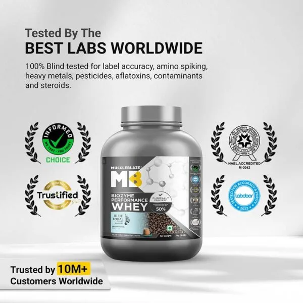 MuscleBlaze Biozyme Performance Whey protein, 2kg, Blue Tokai Coffee flavor, tested by best labs worldwide, trusted by 10M+ customers