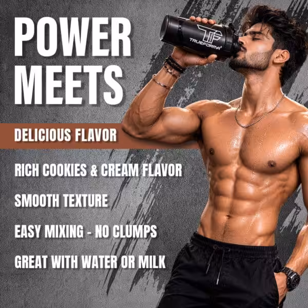 Power meets delicious flavor: rich cookies & cream, smooth texture, easy mixing, no clumps, great with water or milk — TrueForma protein