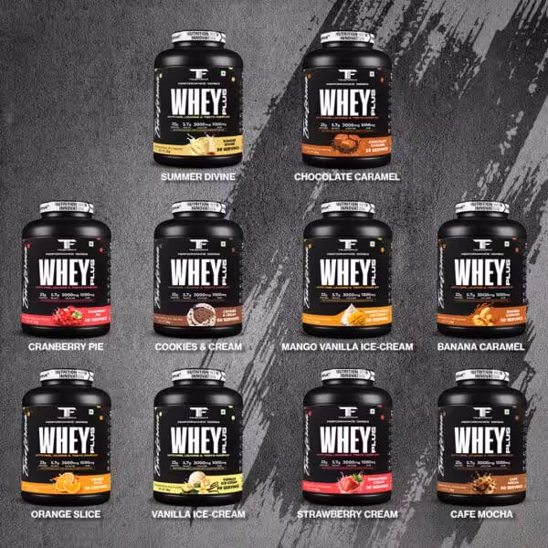 TrueForma Whey Plus protein powder available in 10 flavors: Summer Divine, Chocolate Caramel, Cranberry Pie, Cookies & Cream, Mango Vanilla Ice-Cream, Banana Caramel, Orange Slice, Vanilla Ice-Cream, Strawberry Cream, and Cafe Mocha