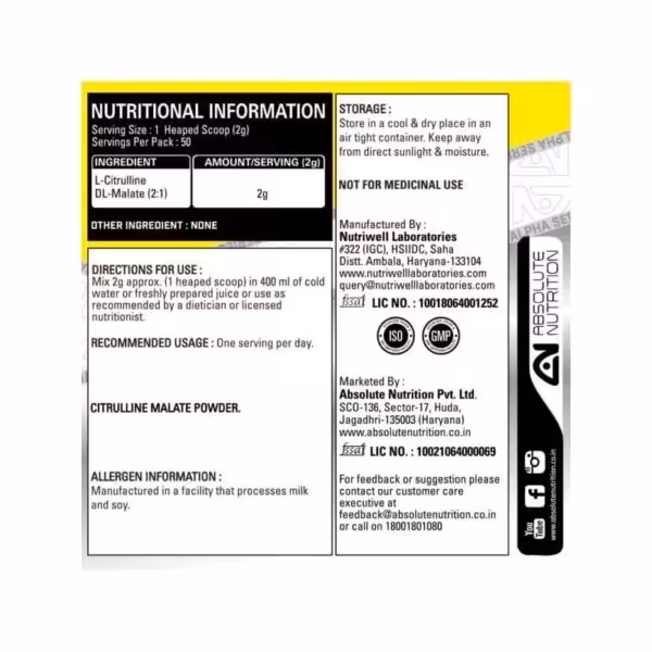 Absolute Nutrition’s Alpha Series Exclusive Citrulline Malate 100 GMS (Unflavoured) - product image