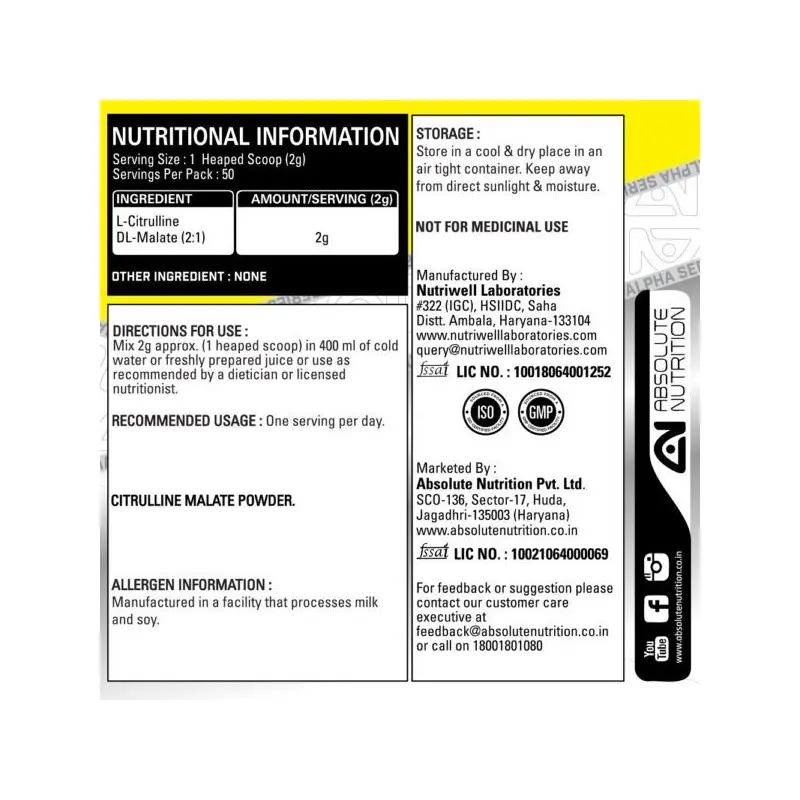 Absolute Nutrition’s Alpha Series Exclusive Citrulline Malate 100 GMS (Unflavoured) - Image 2