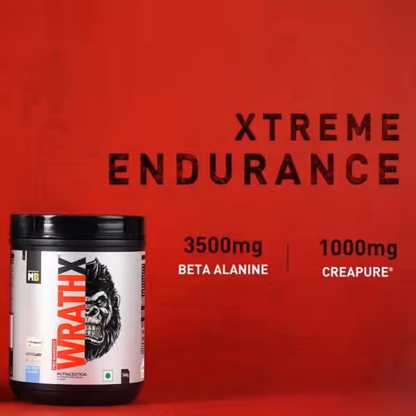 MuscleBlaze WrathX Pre-workout for extreme endurance featuring 3500mg Beta Alanine and 1000mg Creapure