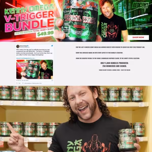 Kenny Omega V-Trigger Bundle featuring Total War pre-workout and a limited edition shirt for $49.99