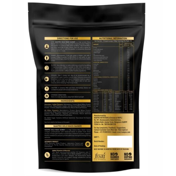 Nakpro Nutrition Gold Mass Gainer Protein Powder Supplement with Vitamin & Minerals