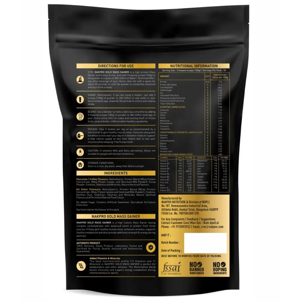 Nakpro Nutrition Gold Mass Gainer Protein Powder Supplement with Vitamin & Minerals - Image 3