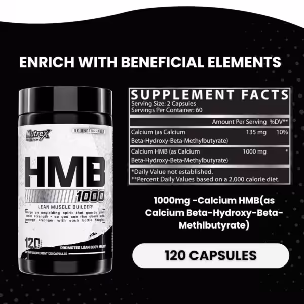 Nutrex HMB 1000 supplement facts: 1000mg Calcium HMB per 2-capsule serving. 120 capsules per bottle