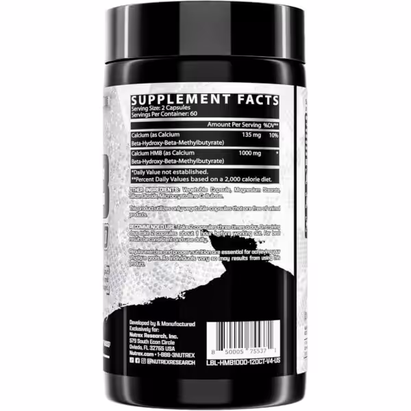 Supplement facts: 2 capsules per serving, 60 servings. 1000mg Calcium HMB per serving. Take 2 capsules 3 times daily