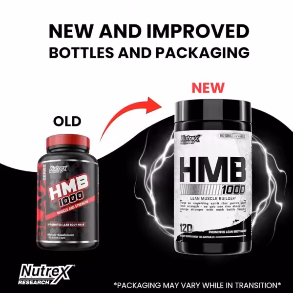 New and improved Nutrex HMB 1000 packaging: old bottle has a red cap, new bottle has a black cap and white label