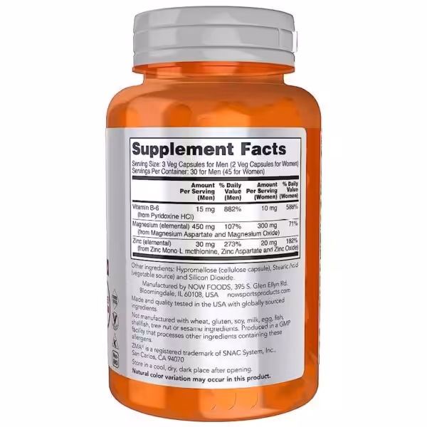 NOW Sports Nutrition, ZMA (Zinc, Magnesium and Vitamin B-6), Enhanced Absorption, Sports Recovery - product image