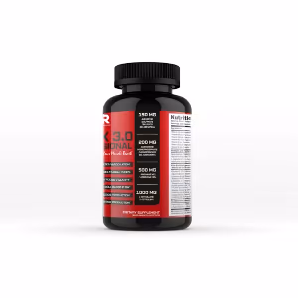 X 3.0 SIONAL dietary supplement bottle showing key ingredients: Agmatine, Adenosine, Arginine, and L-Citrulline