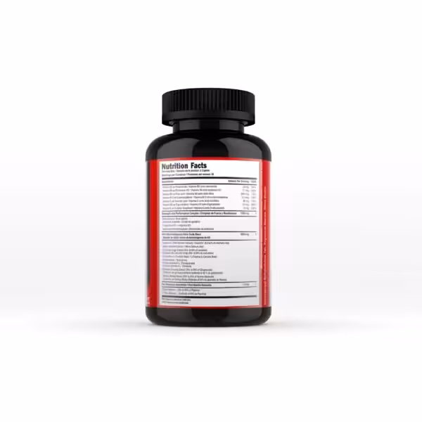Nutrition Facts label listing vitamins B3, B6, B9, B12, C, D2, E, and performance and absorption blends
